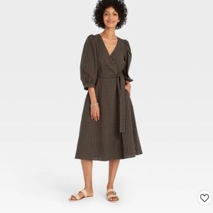 A New Day Balloon Sleeve Gingham 3/4 Sleeve Wrap Dress NWOT Large Navy Green